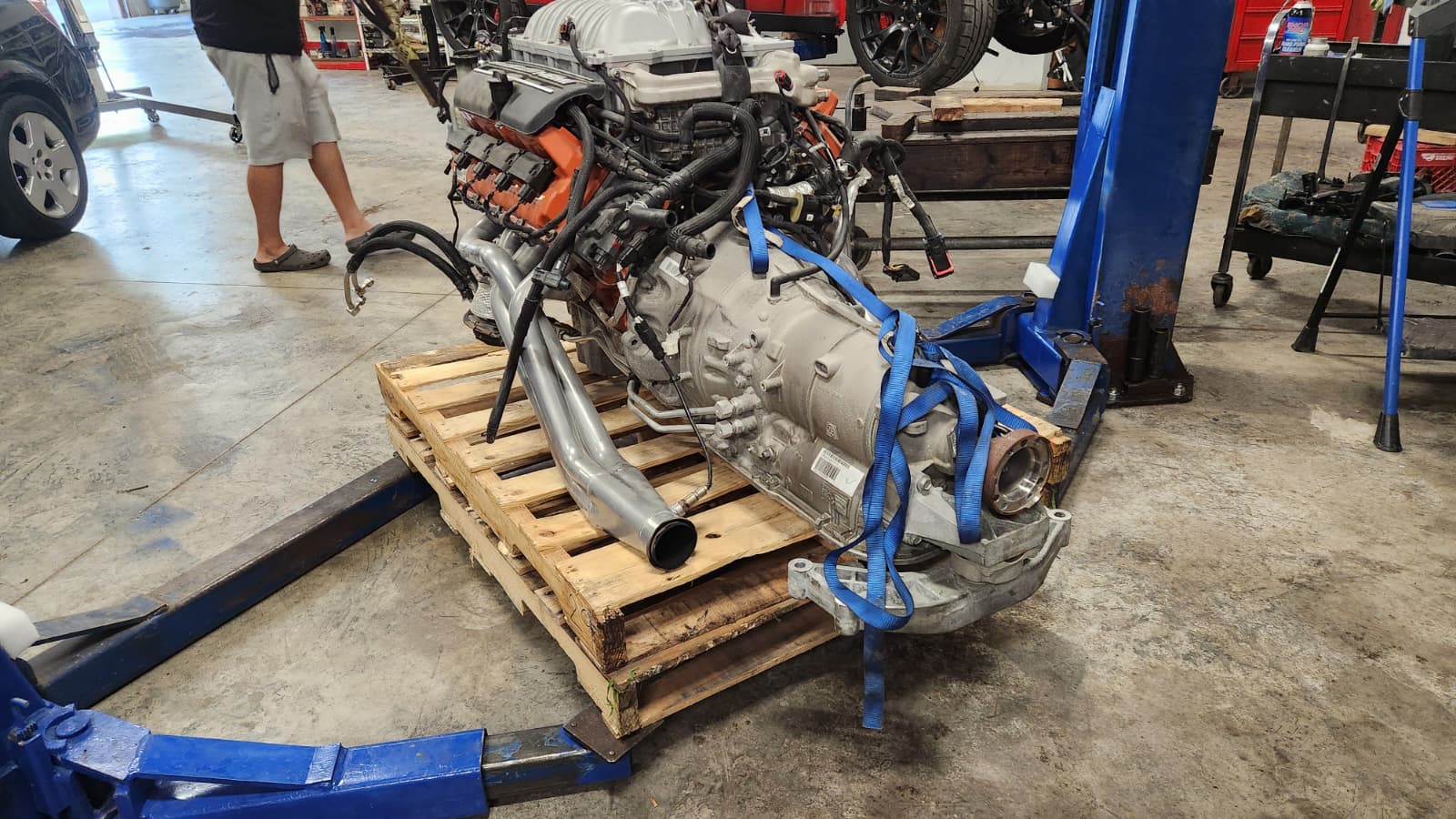 Engine and transmission on workshop pallet